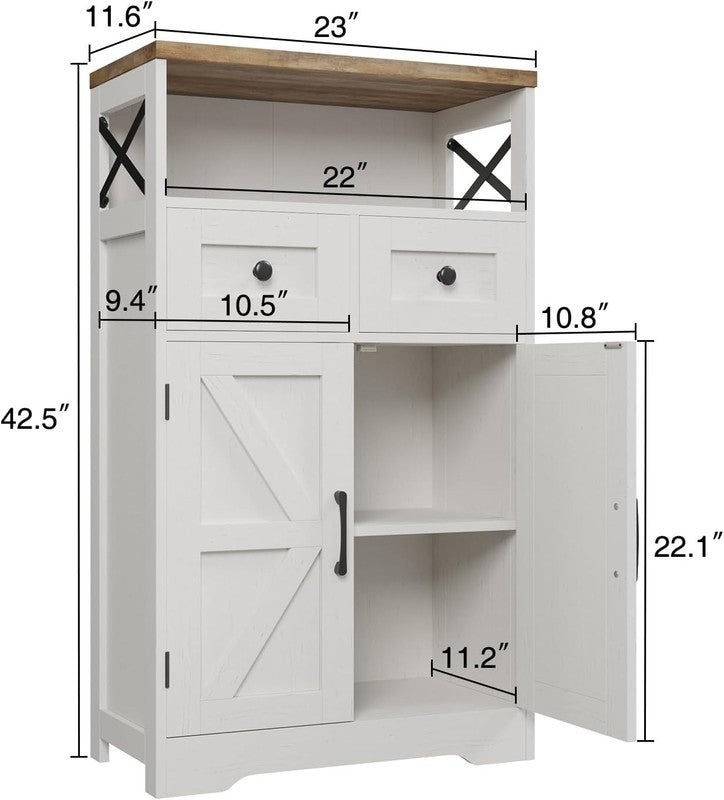 Farmhouse White Storage Cabinet with Doors and Drawers, Freestanding Kitchen Pan1