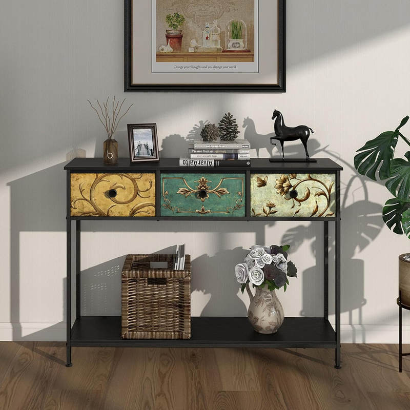 Black Entryway Console Table Boho Farmhouse Sofa Table 3 Fabric Drawers Shelf10