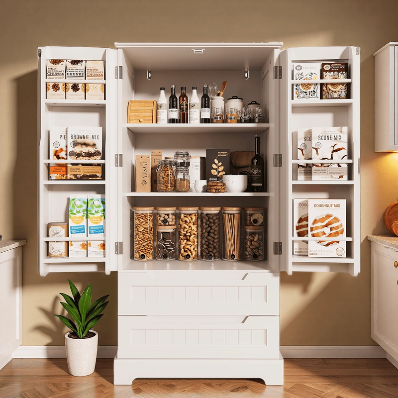 47" Kitchen Pantry Cabinet – 2 Drawers, 2 Shelves & 6 Side Shelves, Magnetic Clo0