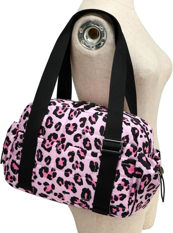 Mini Gym Bag Women Quilted Duffel Wet Compartment Coin Purse Leopard 12.6"1