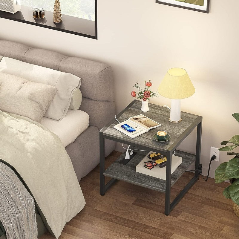 End Table with Charging Station 2 Tier Shelf Mini Fridge Stand Black Oak6