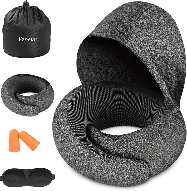 Hooded Memory Foam Travel Neck Pillow w/ Eye Mask & Earplugs – Dark Gray7