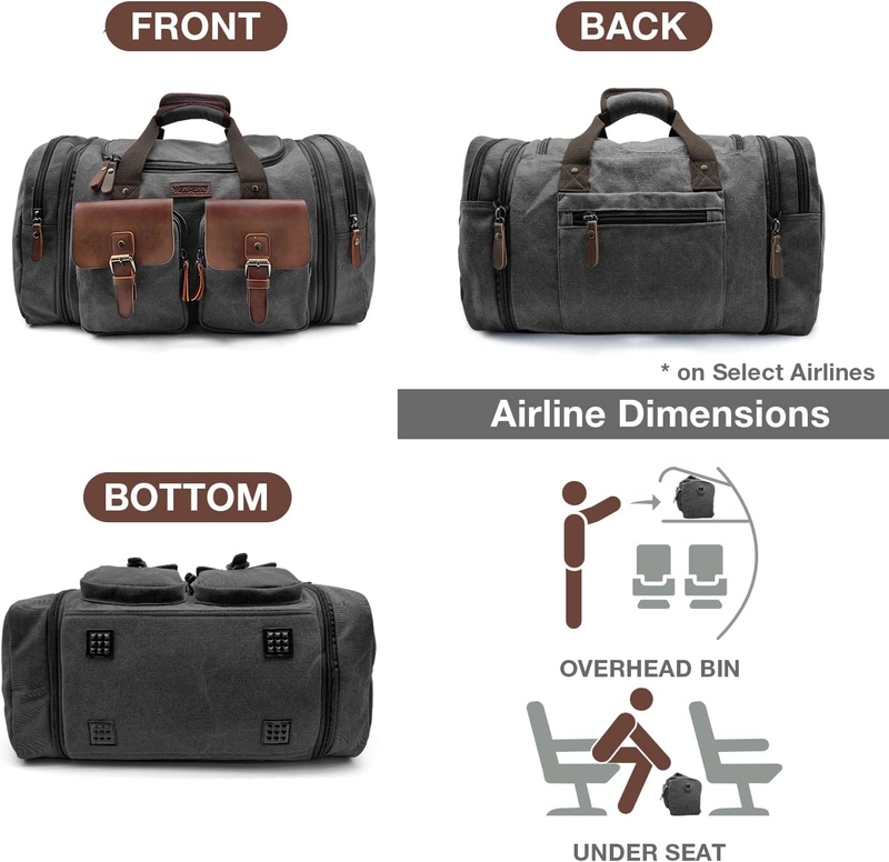 50L Canvas Leather Duffel Bag Expandable Overnight Weekender Travel Bag4