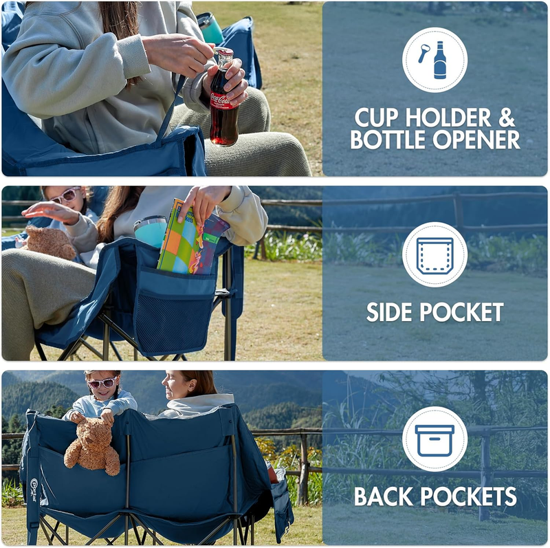 Double Camping Chair 2 Person Folding Loveseat 600lbs Cup Holder Portable4