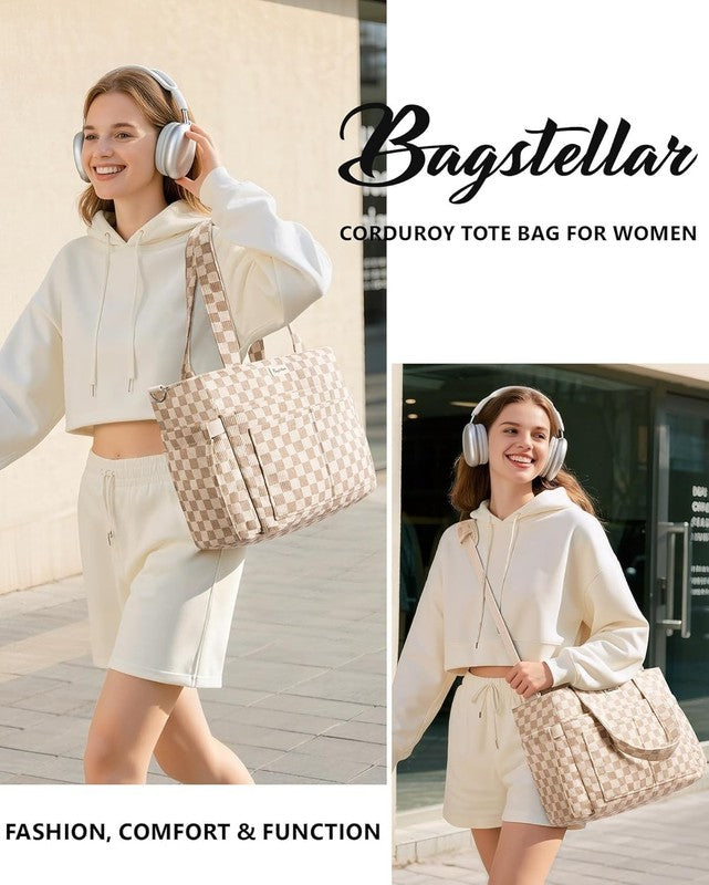 Women Corduroy Tote Bag 17 Pockets Laptop Work Travel Multi Pocket Shoulder Bag7