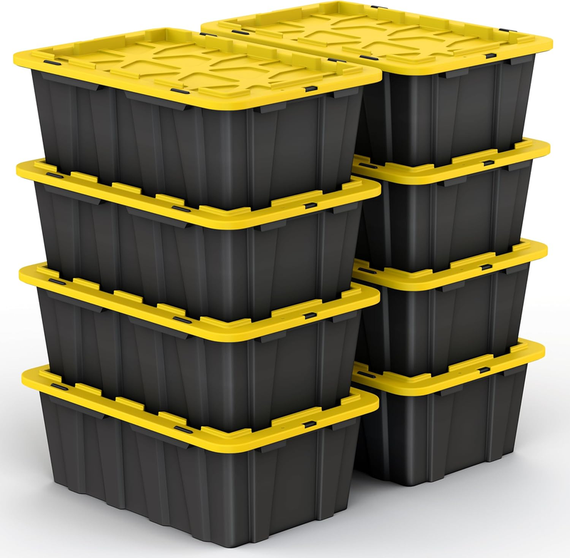 12Gal Black/Yellow Plastic Storage Bins w Lids Stackable 8 Pack Totes10