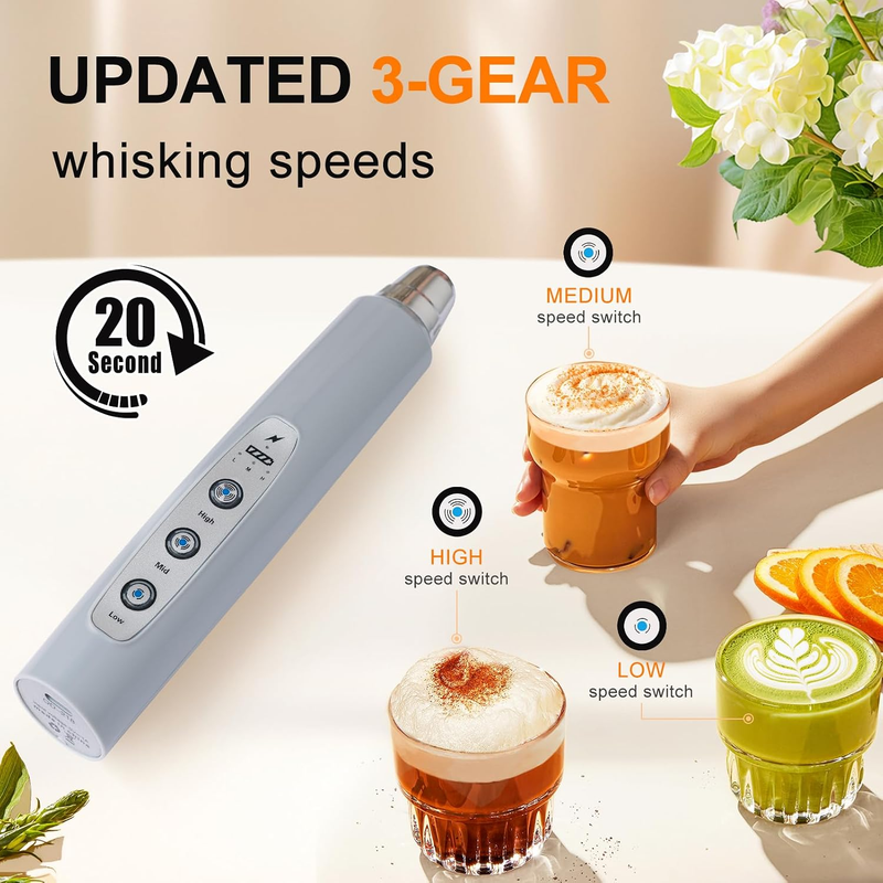 Milk Frother Handheld Cement Gray Rechargeable 3 Speed 3 Heads Whisk2