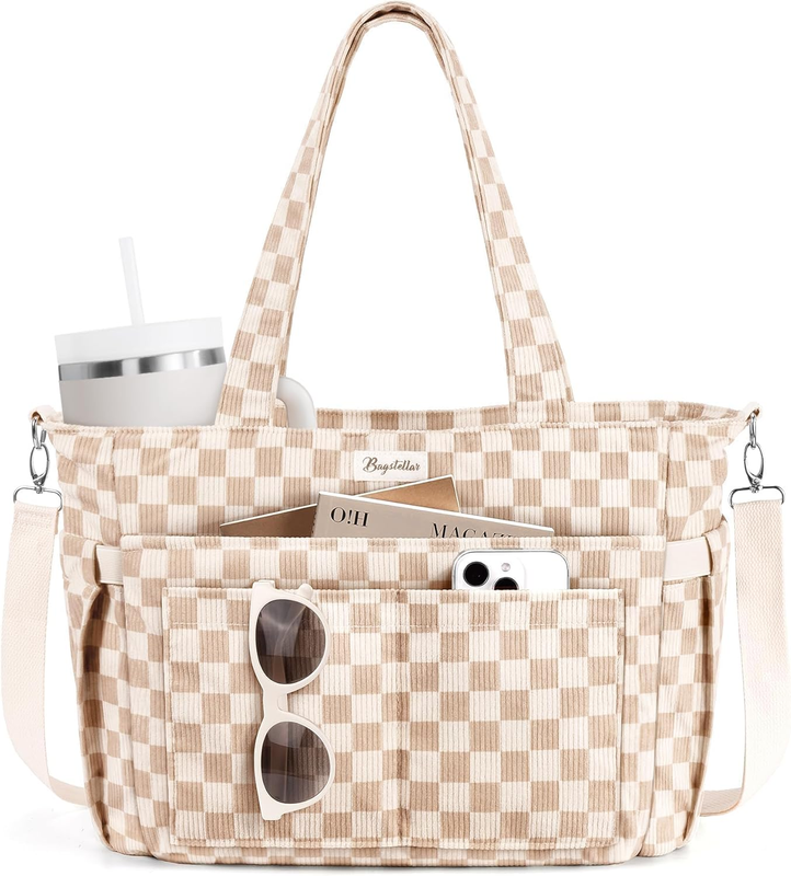 Women Corduroy Tote Bag 17 Pockets Laptop Work Travel Multi Pocket Shoulder Bag0