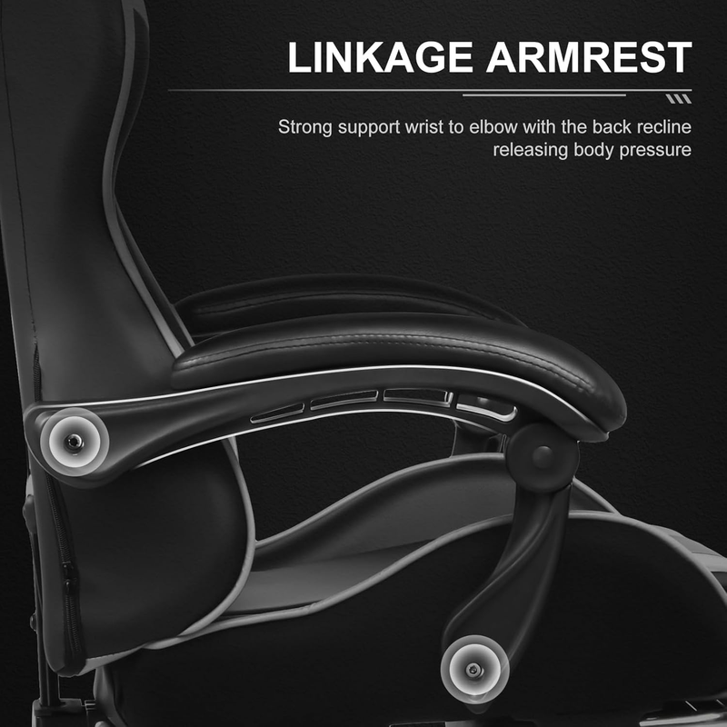 Gaming Chair with Footrest, Lumbar Support, Adjustable Height, 360° Swivel White4
