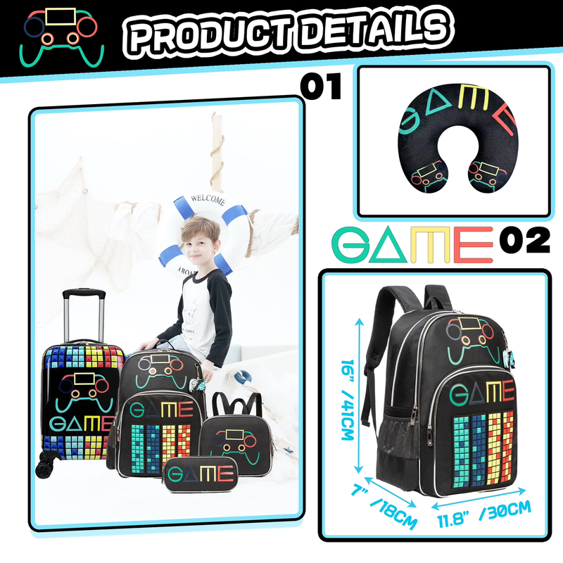 Kids Rolling Luggage Set Boys Hardshell Suitcase Wheels Airline Approved 16"2