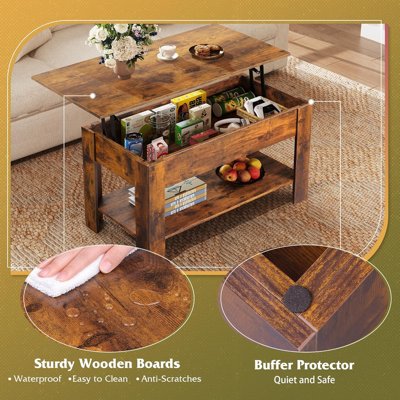 39" Lift-Top Coffee Table with Storage Shelf Rustic Brown5