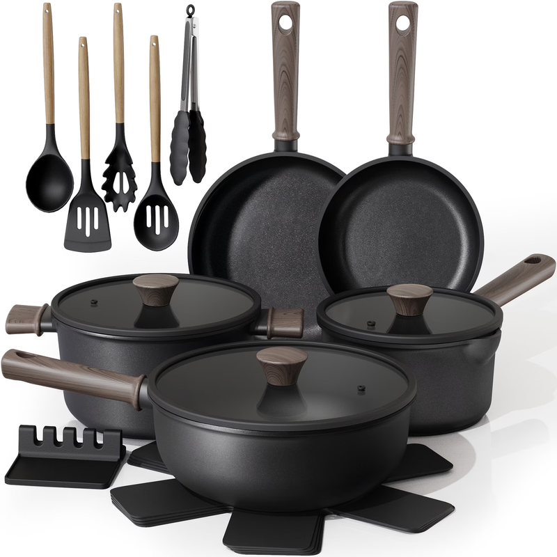 18 Piece Pots and Pans Set, Black Titanium Induction Nonstick Cookware Set, Oven10