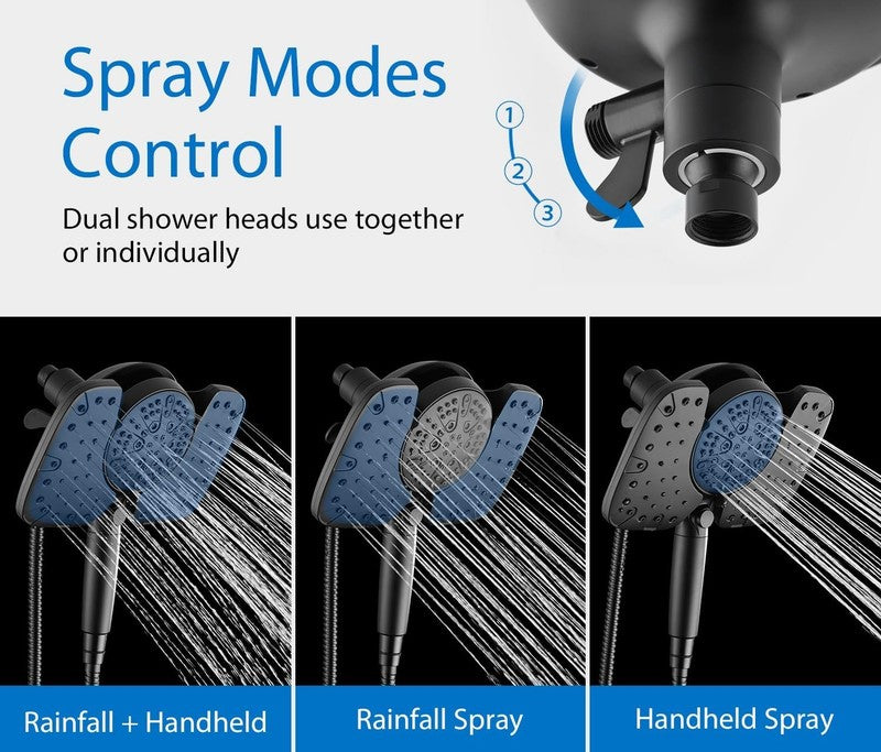 10" Rainfall Shower Head Combo w/ Handheld 9 Spray Settings Filter Black 2.5GPM2