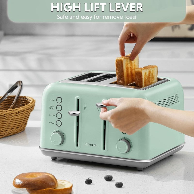 Retro 4 Slice Toaster 1800W Extra Wide Slots 7 Shade Bagel Stainless Green4