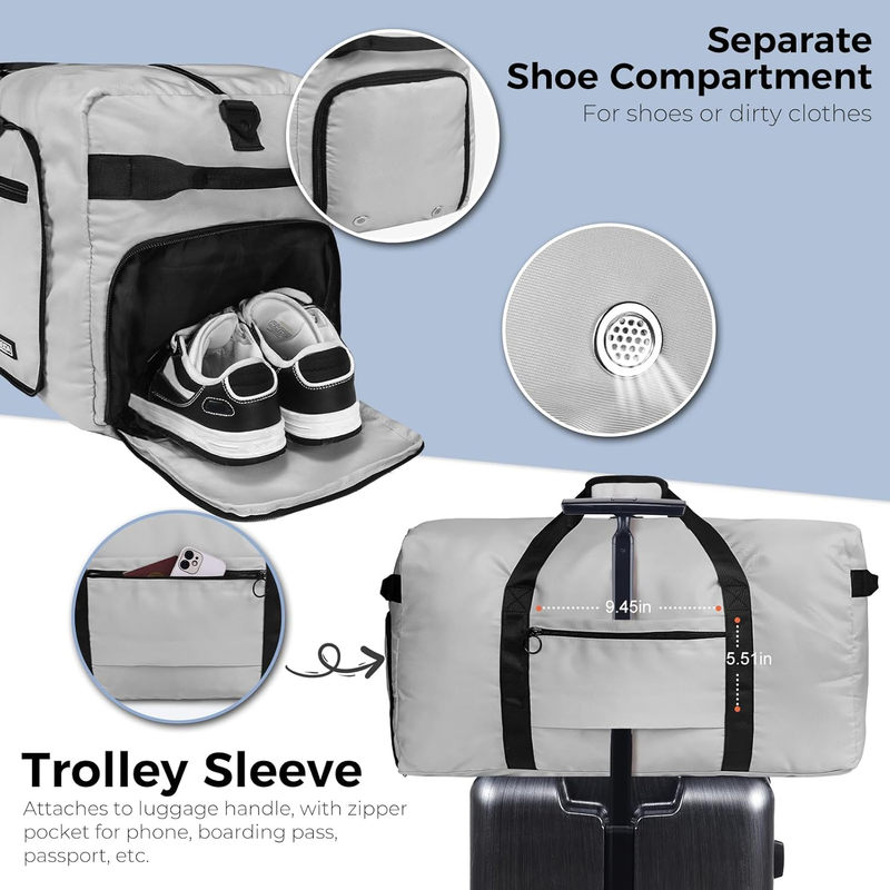 65L Travel Duffel Bag Foldable w/ Shoe Compartment Water Resistant Gray4