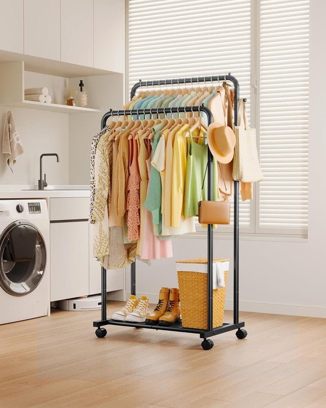 Clothes Rack with Double Rods, Mesh Shelf & Wheels, Metal Garment Rack Black8