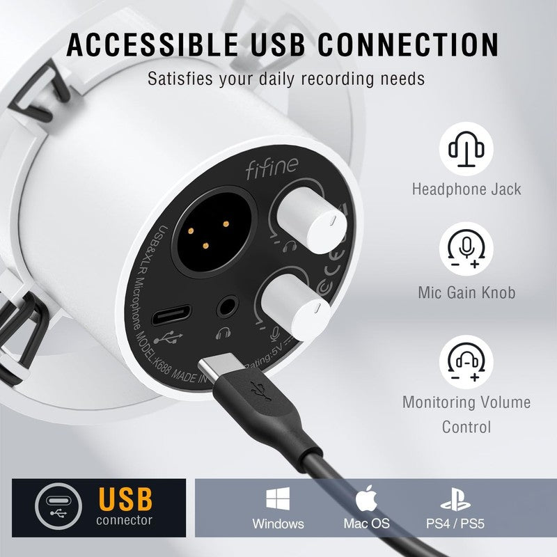 Dynamic Podcast Microphone XLR/USB with Mute Gain & Headphone Monitoring White3