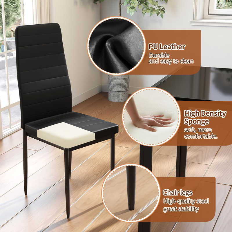 5 Piece Glass Dining Table Black 4 Chairs Upholstered Faux Leather Easy Assembly4