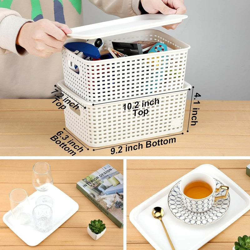 6 Pack Plastic Storage Bins with Lids, Stackable Organizer Baskets White2