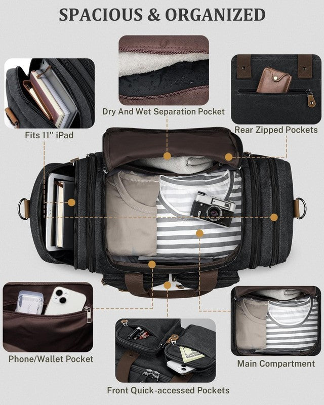 Expandable 60L Canvas Duffle Bag Dark Grey Travel Gym Weekender Carry On5