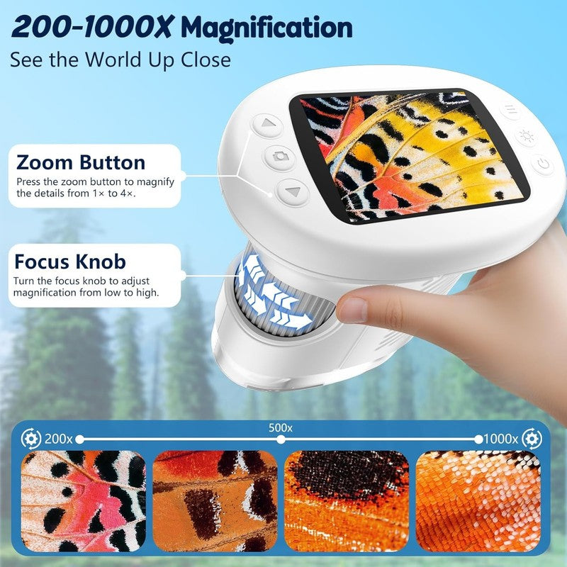 Kids 1000X Handheld Digital Microscope 4K 2.4" Display w/ 12 Slides – White4