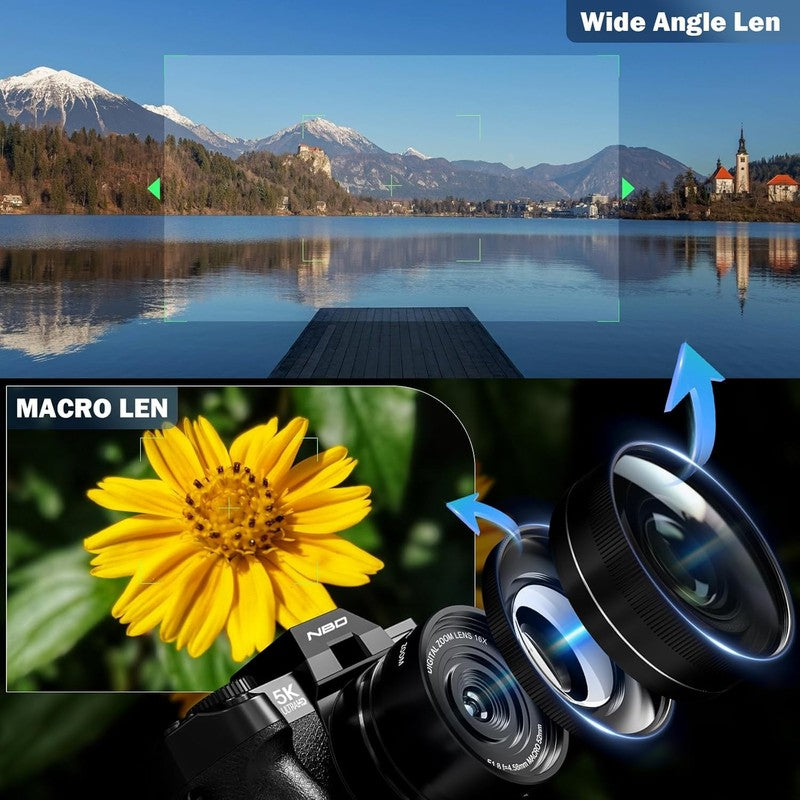 5K Digital Camera 64MP Vlogging 16X Zoom WiFi Wide & Macro Lens Anti-Shake Black5