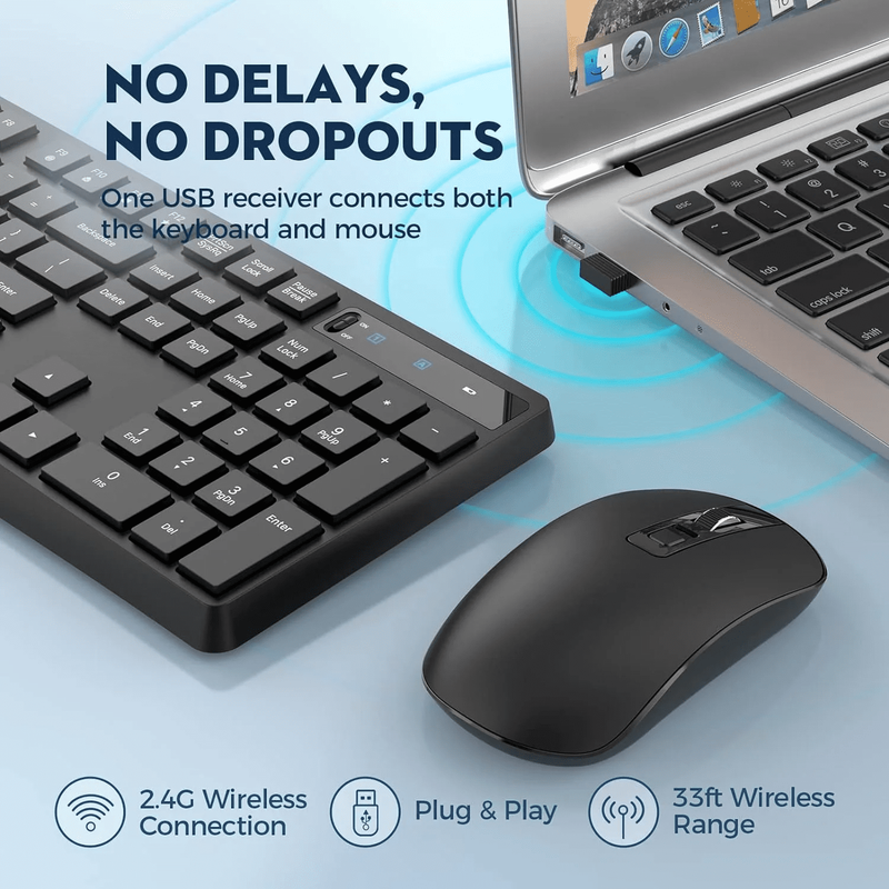 Wireless Keyboard and Mouse Combo, 104 Full-Size Adjustable Keyboard with Batter7
