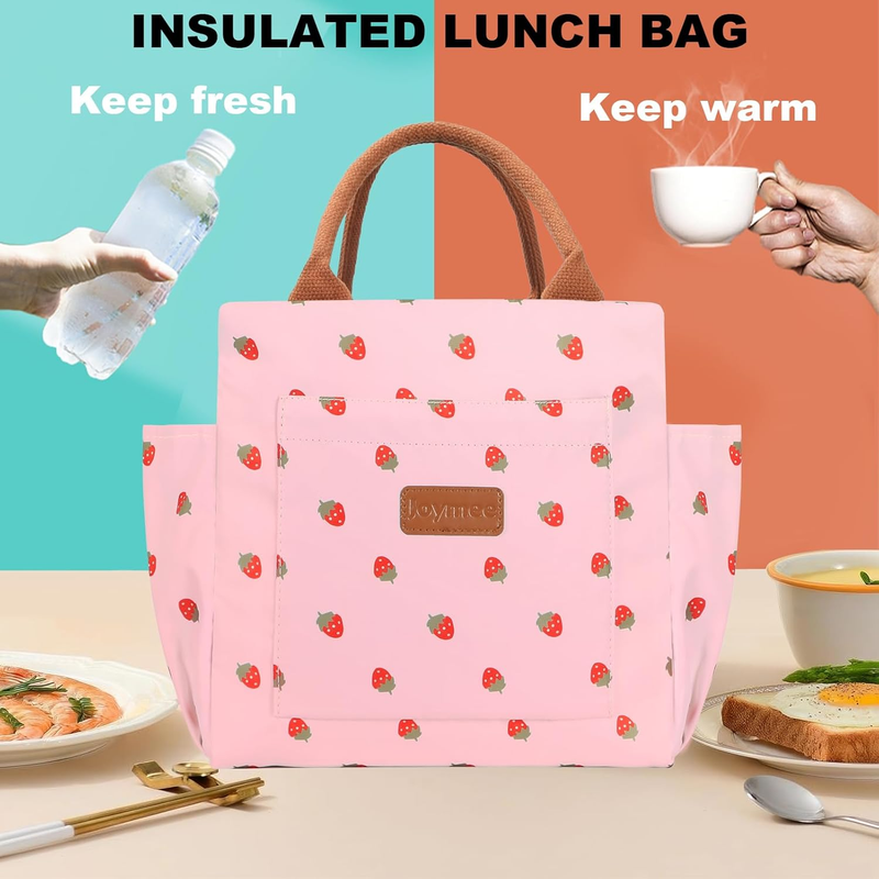 Insulated Lunch Bag Large Reusable Tote w/ Bottle Holder Strawberry Pink1