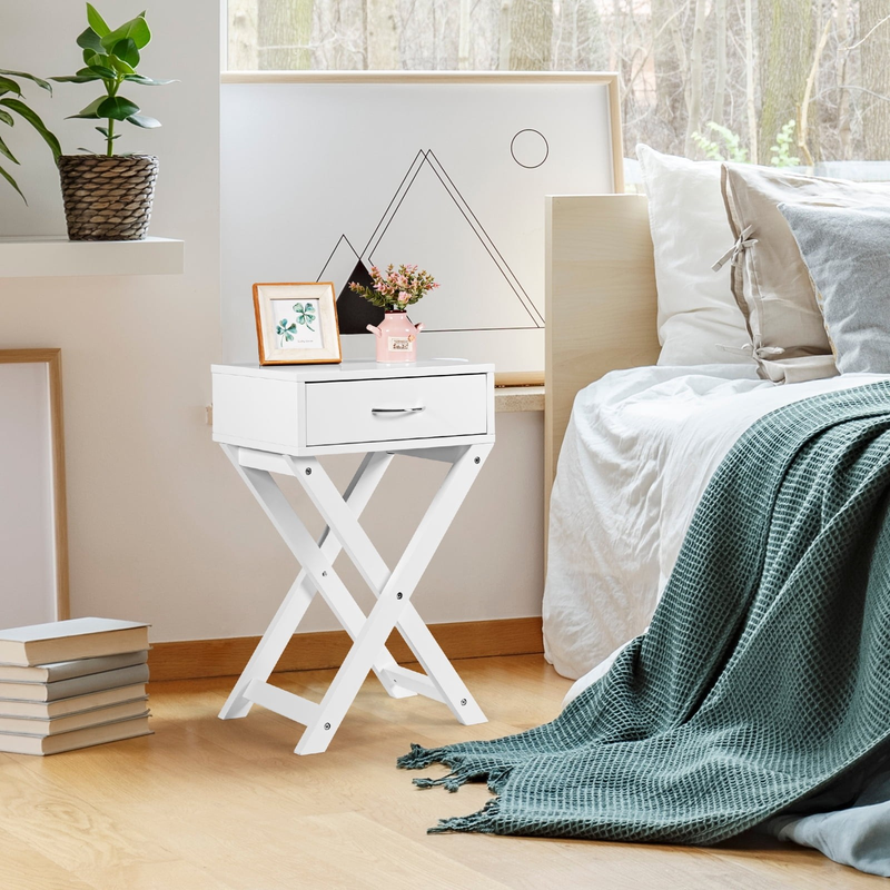 Modern Versatile Nightstand X-Shape Wooden Table with Drawer for Bedroom White1