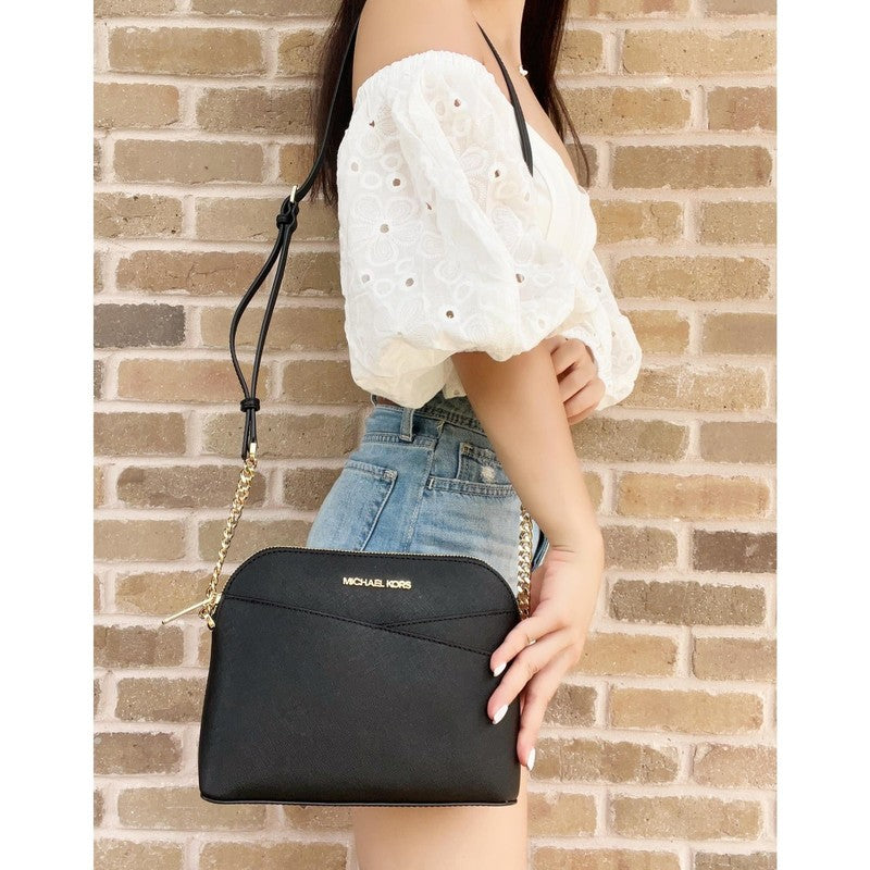 Jet Set Travel Medium Leather Crossbody Dome Handbag Black Gold4