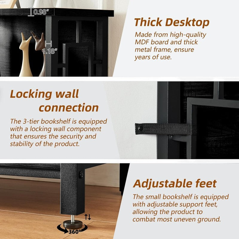 3 Tier Bookshelf Black Engineered Wood Metal Storage Bookcase Low Shelf4