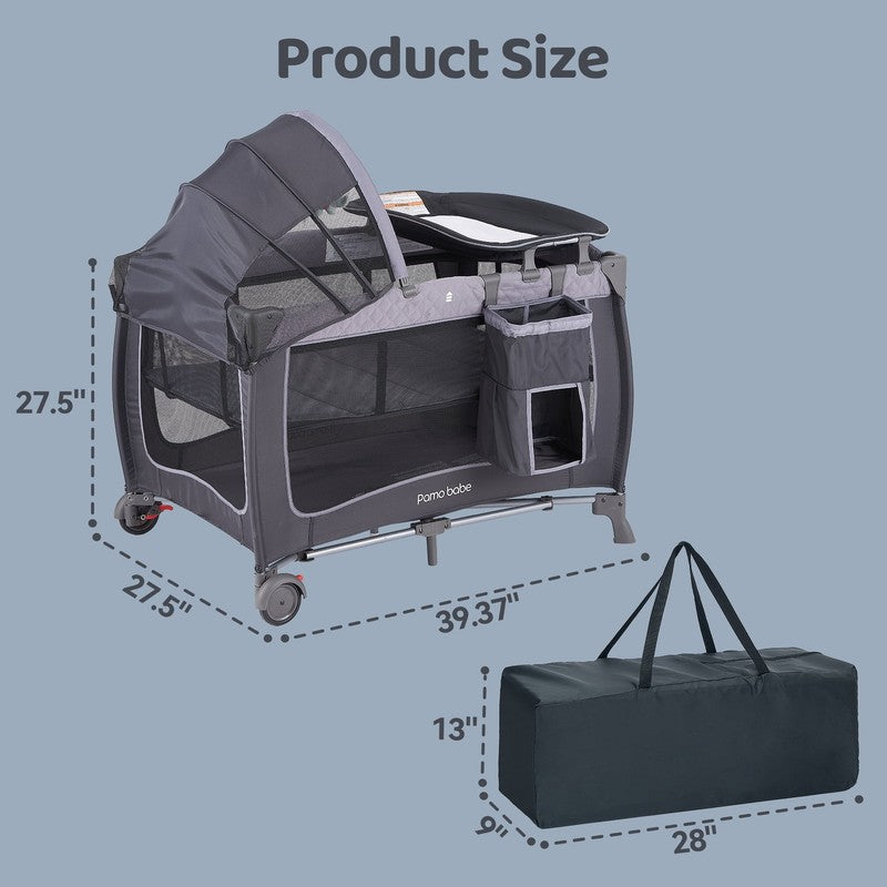 Unisex Portable Baby Play Yard Grey w/ Wheels Canopy Changing Table Newborn5