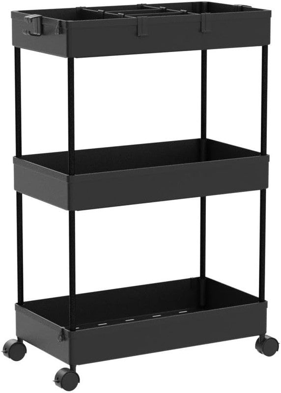 3-Tier Rolling Cart with Wheels, Storage Trolley Organizer with Baskets, Black3