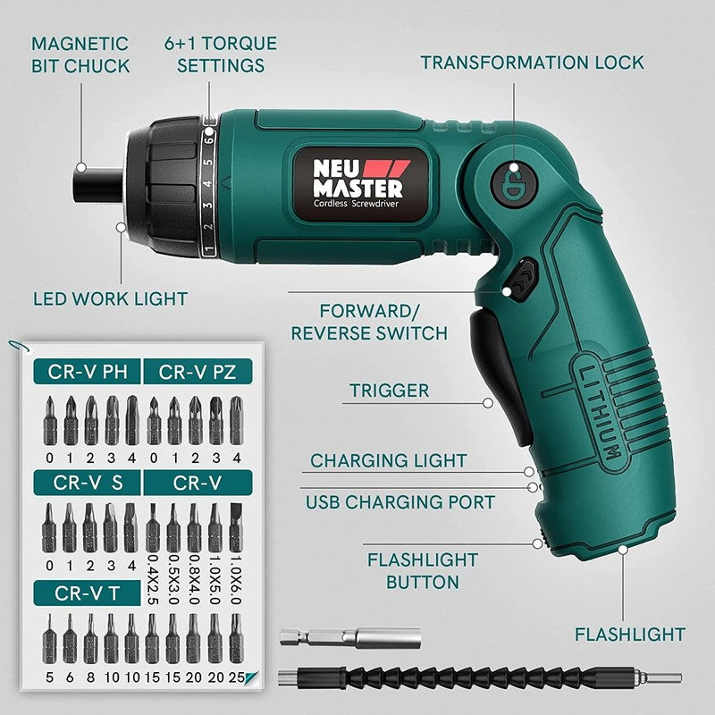 4V Cordless Electric Screwdriver 6+1 Torque 32pc Bits Pivot Handle LED 2000mAh2