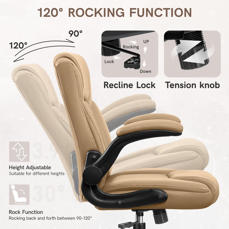 High Back Leather Office Chair Wide Seat Lumbar Support Tan4