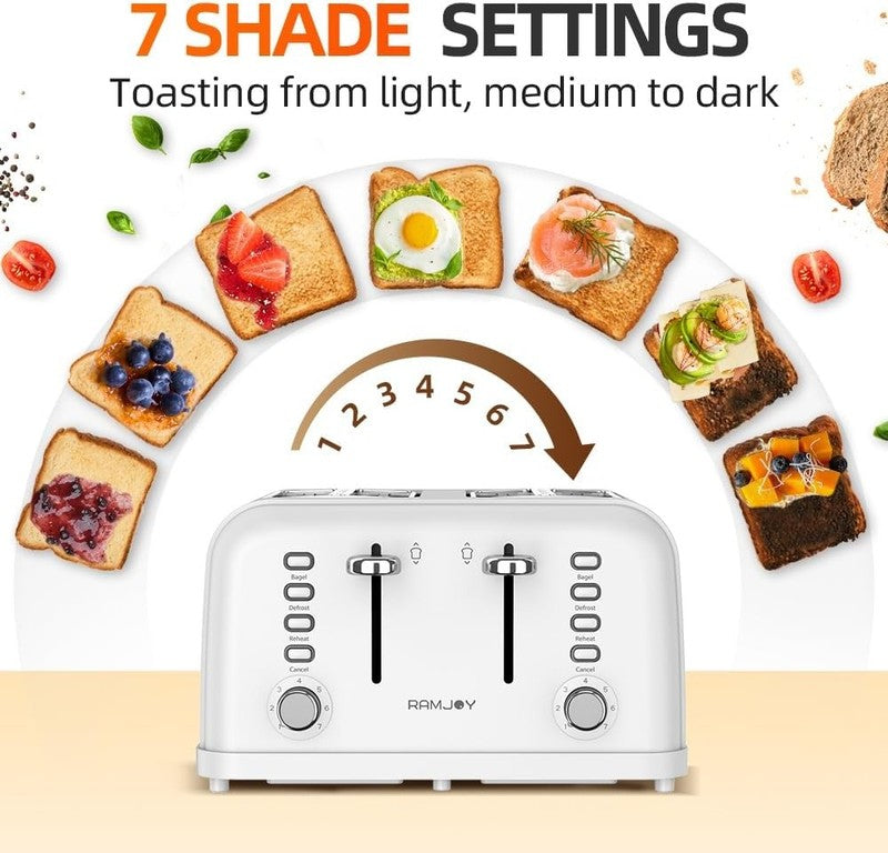 4 Slice Toaster 1500W Dual Control Extra Wide Slots 7 Shade Stainless White3