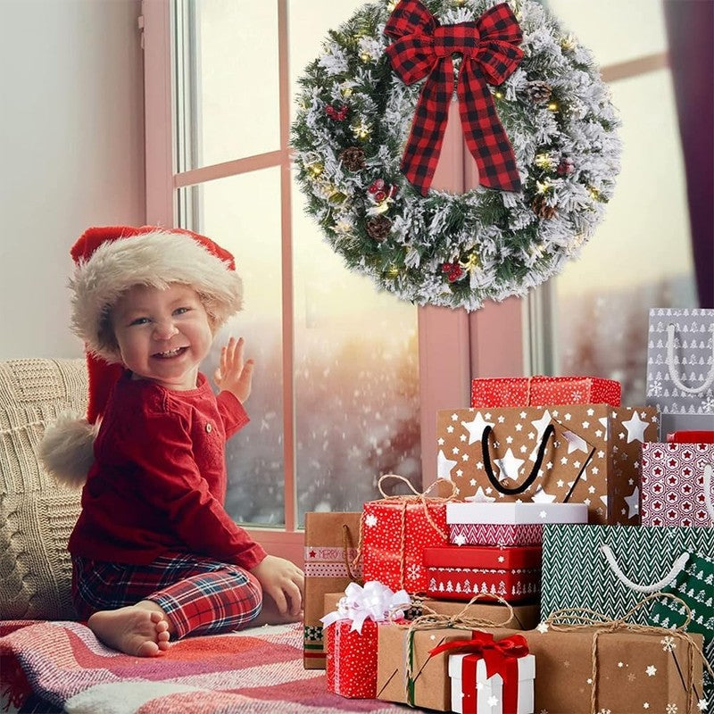 24" Pre-Lit Snowy Flocked Christmas Wreath 30 LED Red Berries Pinecones Bow1