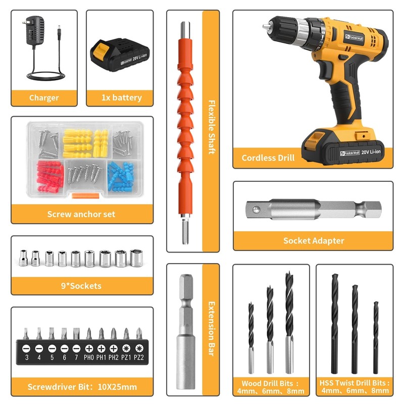 20V Cordless Drill Set 30Nm 21+1 Clutch 3/8in Keyless Chuck Battery Charger7