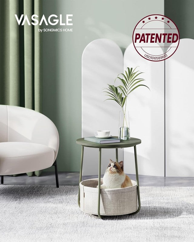 Small Round Side Table Nightstand with Fabric Basket Forest Green Cream White2