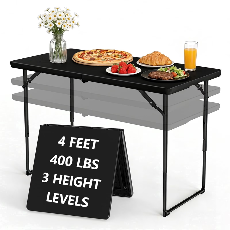 4 Ft Adjustable Height Folding Table, Max Load 400Lbs, Portable Camping Table wi10