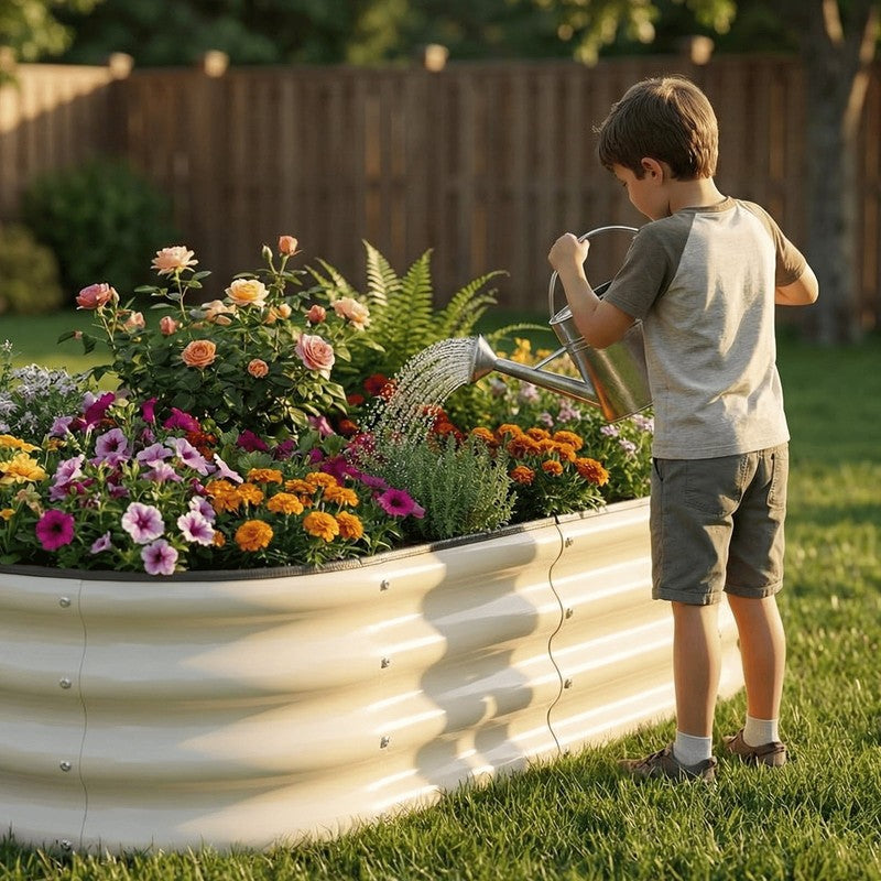 4X2X1 Ft Galvanized Garden Beds, 2 Pcs White Oval Planters for Vegetables and Ou2