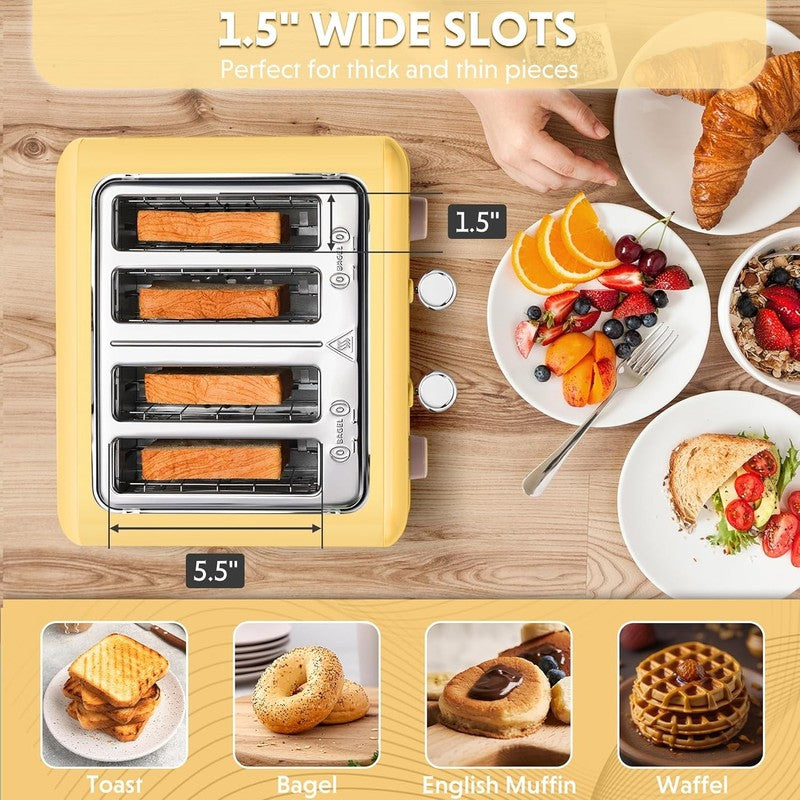 Retro 4 Slice Toaster 1800W Extra Wide Slots 7 Shade Bagel Stainless Yellow2