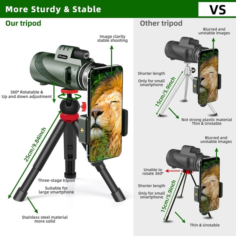 40x60 Monocular Telescope BAK4 Prism Phone Adapter Tripod Low Night Vision7