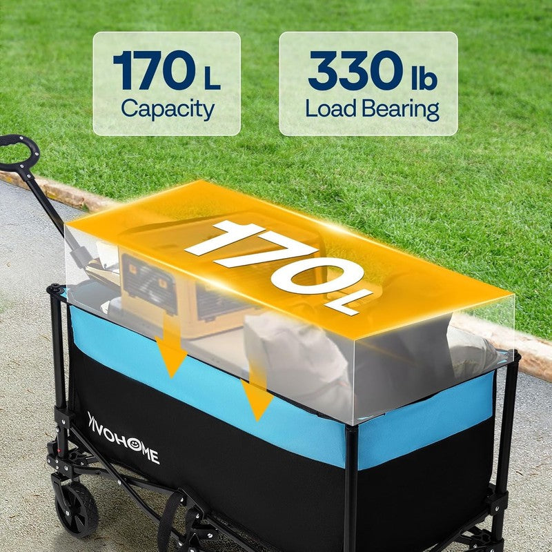 330LBS Collapsible Wagon Cart, 170L Heavy Duty Foldable w/ Cup Holders5
