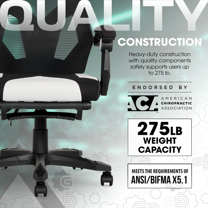 Gaming Office Chair with Extendable Leg Rest White Black Fabric Ergonomic10