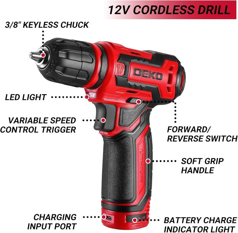 12V Cordless Drill Tool Kit Red Home Repair Hand Drill Set for DIY & Home3