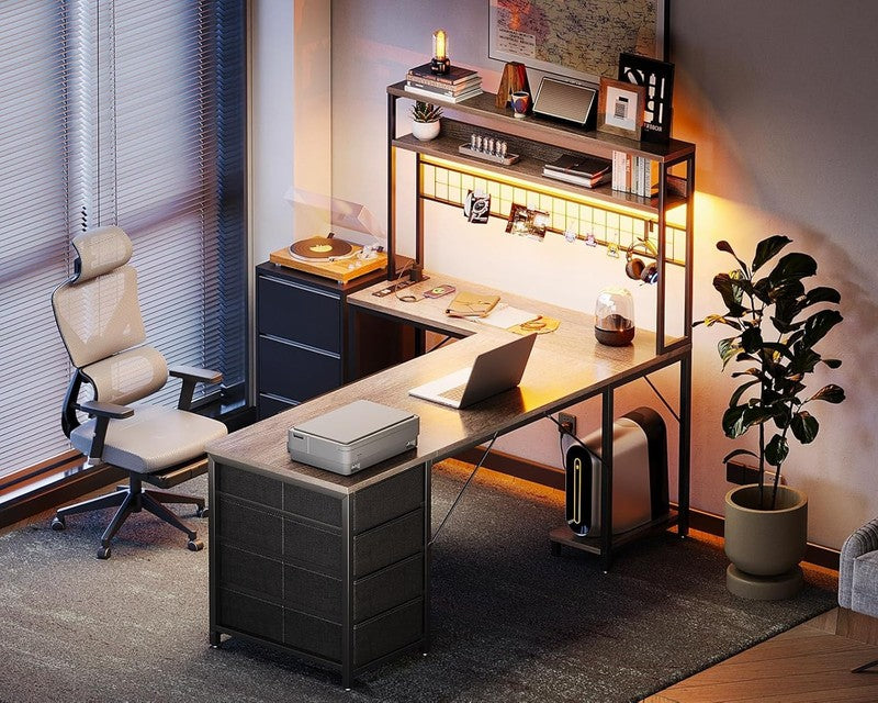 L Shaped Gaming Desk 59in Reversible Desk with 4 Drawers Grey LED Desk7