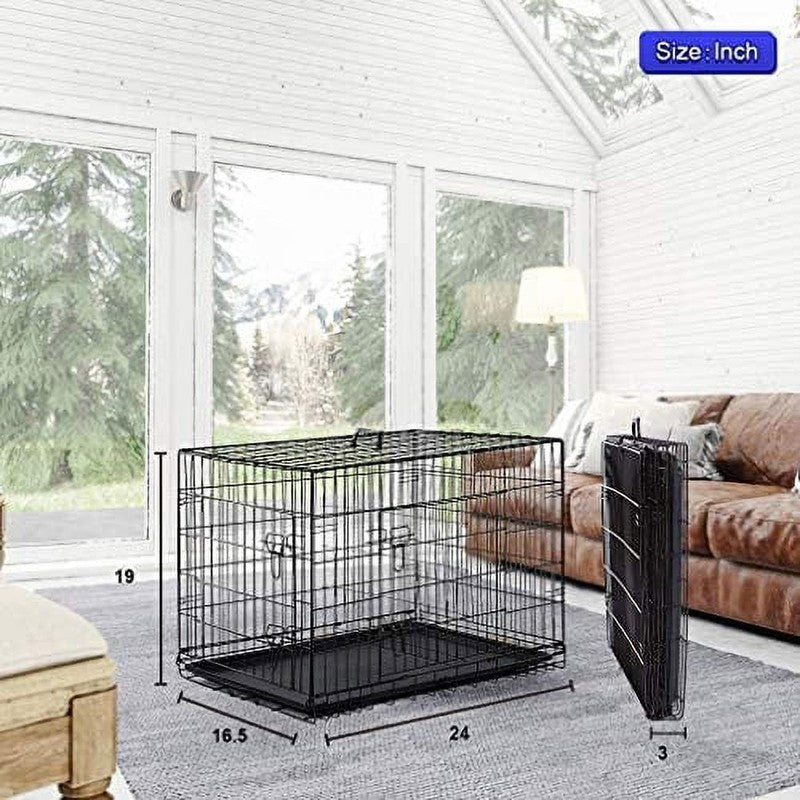 24" Foldable Metal Dog Crate Small Dogs Double Door Divider Black Tray5