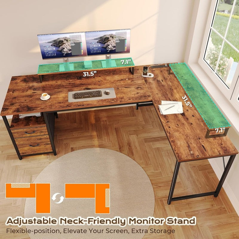 63'' L Shaped Desk w/ USB C Power Outlets Corner Office Desk Rustic Brown5