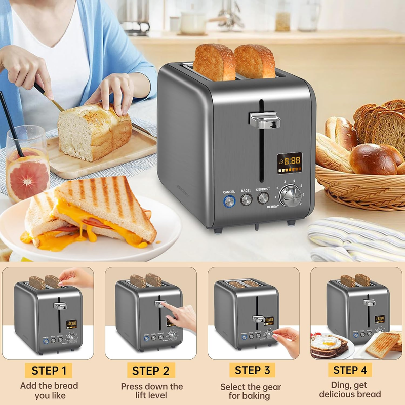 Dark Metallic 2 Slice Toaster Stainless Steel - LCD, 7 Shades, Bagel, Defrost4